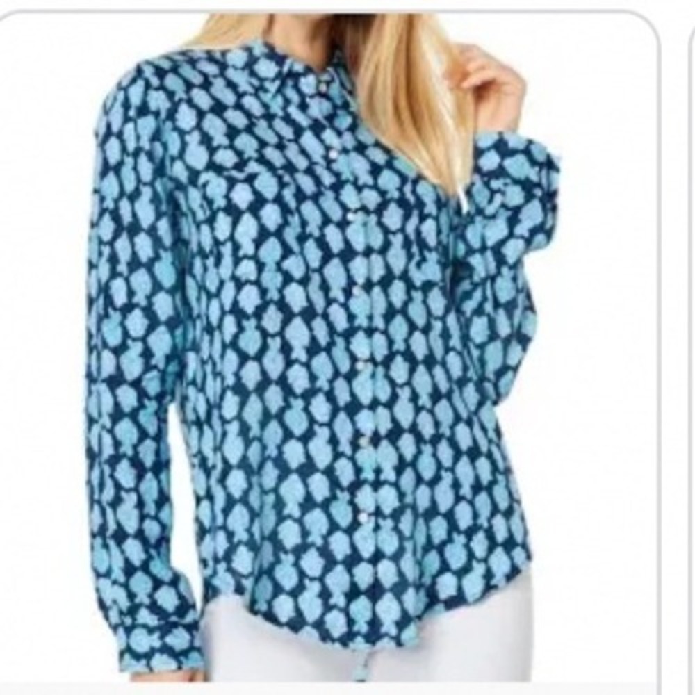 Lilly Pulitzer Sea View Linen Button Down Any Fin for You! sz LG